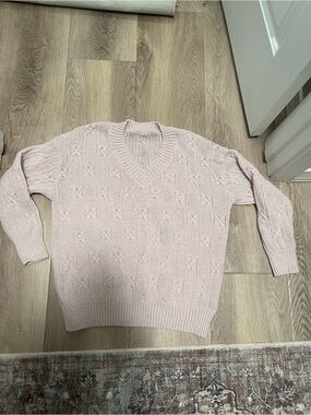 SHEIN Light Pink V-Neck Cable Knit Sweater